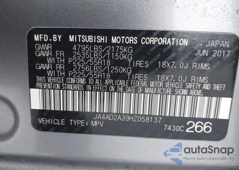 2017 Mitsubishi Outlander Es z USA, uszkodzony, nr VIN JA4AD2A39HZ058137